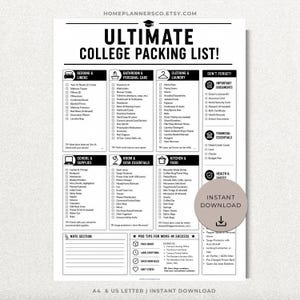 May include: A black and white Ultimate College Packing List document featuring categorized checklists for bedding, bathroom, clothing, school, room, and kitchen essentials, plus a note section and pro tips, with an Instant Download circular icon.
