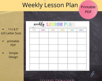 May include: A weekly lesson plan template in a printable PDF format measuring 11 by 8.5 inches. The document features a grid layout with columns for Monday through Friday and rows for subjects, topped with the text Weekly Lesson Plan.