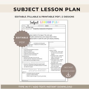 May include: An editable and printable subject lesson plan PDF template featuring sections for class details, standards, topic, objectives, strategies, instruction, and assessment. The document includes text fields for the water cycle lesson.
