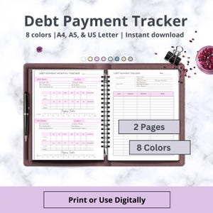 Puede incluir: Un planificador de seguimiento de pagos de deudas con encuadernación en espiral y dos páginas abiertas que muestran tablas para detalles de cuentas, tasas de interés y seguimiento de progreso. Incluye encabezados rosas y texto negro.