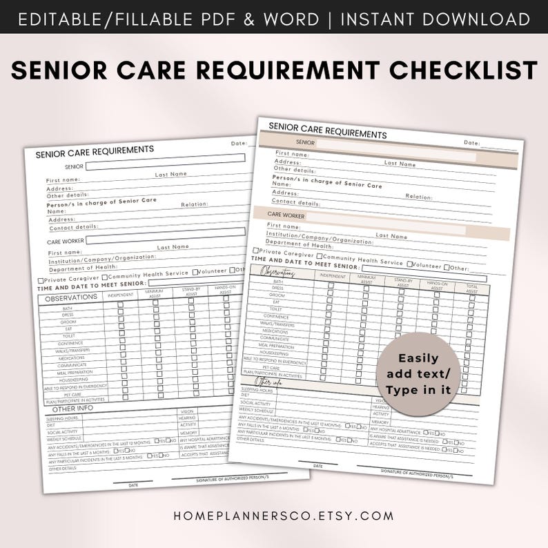 EDITABLE Care Assessment Report, Senior Care Requirements Checklist ...