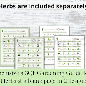 Puede incluir: Cuatro tablas imprimibles con fondo verde y texto blanco. Las tablas enumeran varias hierbas y sus requisitos de espacio en cent&iacute;metros. El t&iacute;tulo de cada tabla es "Herb & Other Plant Spacing".