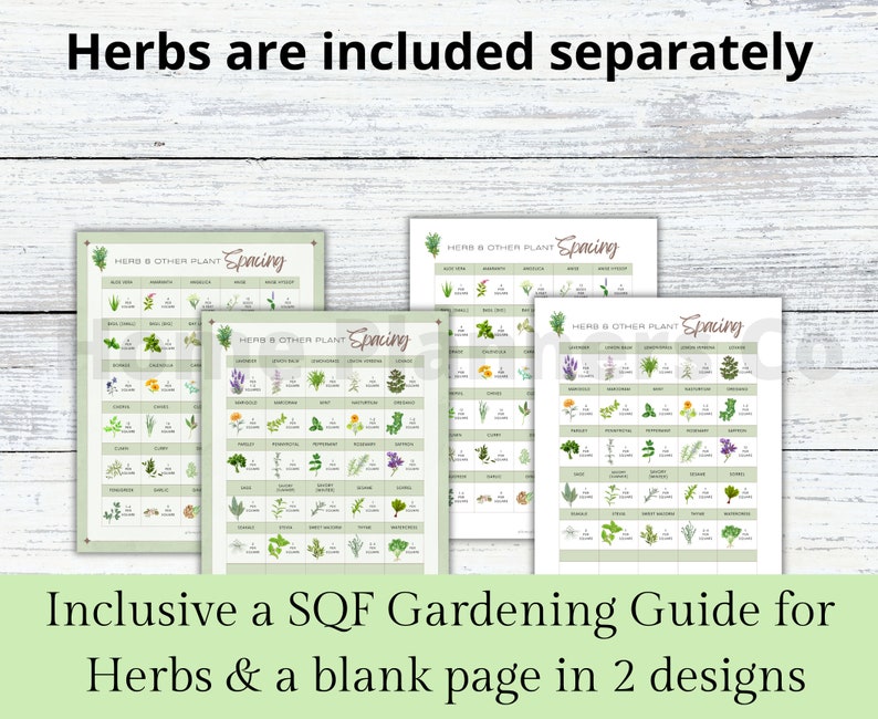 Puede incluir: Cuatro tablas imprimibles con fondo verde y texto blanco. Las tablas enumeran varias hierbas y sus requisitos de espacio en cent&iacute;metros. El t&iacute;tulo de cada tabla es "Herb & Other Plant Spacing".