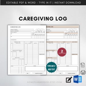 EDITABLE Caregiving Log Disability Care Checklist Printable Template for Caregivers, Elderly Care Care log Caregiver Planner Chronic Disease