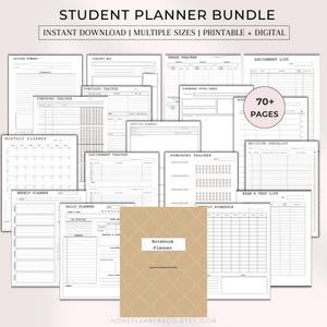 Könnte beinhalten: Ein Studentenplaner-Bundle mit verschiedenen druckbaren und digitalen Seiten. Enthält Vorlesungszusammenfassungen, Aufgaben-Tracker sowie Monats- und Wochenplaner. Das Cover des Notizbuchplaners ist beige mit einem geometrischen Muster.