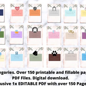 May include: A set of 18 printable document organizer cards with floral headers, each featuring a unique icon and label for categories like medical, financial, and emergency information. Text includes 18 categories, over 150 printable and fillable pages, PDF files, digital download, and inclusive 1x editable PDF with over 150 pages.
