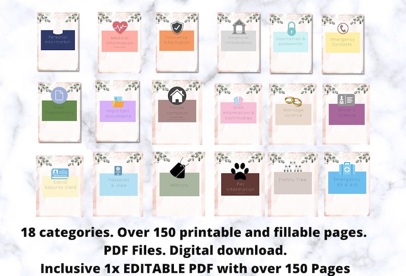 May include: A set of 18 printable document organizer cards with floral headers, each featuring a unique icon and label for categories like medical, financial, and emergency information. Text includes 18 categories, over 150 printable and fillable pages, PDF files, digital download, and inclusive 1x editable PDF with over 150 pages.