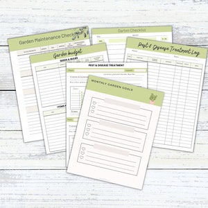 May include: Printable garden planning and tracking sheets with green and white text. The sheets include sections for garden maintenance, budget, seeds and bulbs, pest and disease treatment, and monthly garden goals.
