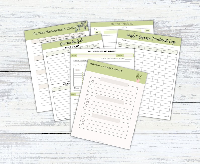 May include: Printable garden planning and tracking sheets with green and white text. The sheets include sections for garden maintenance, budget, seeds and bulbs, pest and disease treatment, and monthly garden goals.