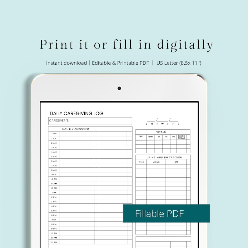 EDITABLE 24 Hour Home Health Caregiver Log Sheet - Printable Daily Care ...