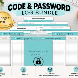 Wachtwoordlogboek, wachtwoordtracker, inlegvel voor wachtwoordplanner, wachtwoordenlijst met codes, sjabloon voor wachtwoorden van sociale media-accounts (printbaar PDF-bestand)
