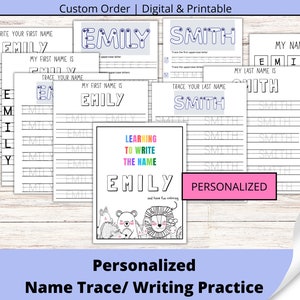 Práctica personalizada de escritura de nombres preescolares, práctica personalizada de seguimiento de nombres de letras, hojas de trabajo de seguimiento de nombres, reconocimiento de nombres de niños