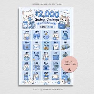 Peut inclure: Une feuille de suivi d'épargne imprimable de 2 000 $ en bleu et blanc avec des chats de dessin animé, des icônes d'argent et des calculatrices. La grille contient divers montants et illustrations d'objectifs, avec le texte 2 000 $ Savings Challenge.