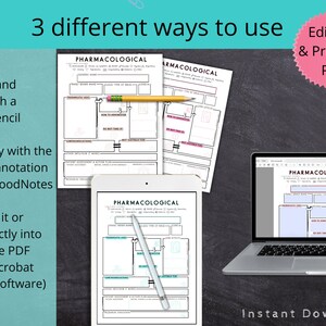 May include: An image showcasing a pharmacological study template in three different formats. The text reads "3 different ways to use" and "Editable & Printable PDF". The template is displayed on paper, a tablet, and a laptop, with a pencil and stylus.