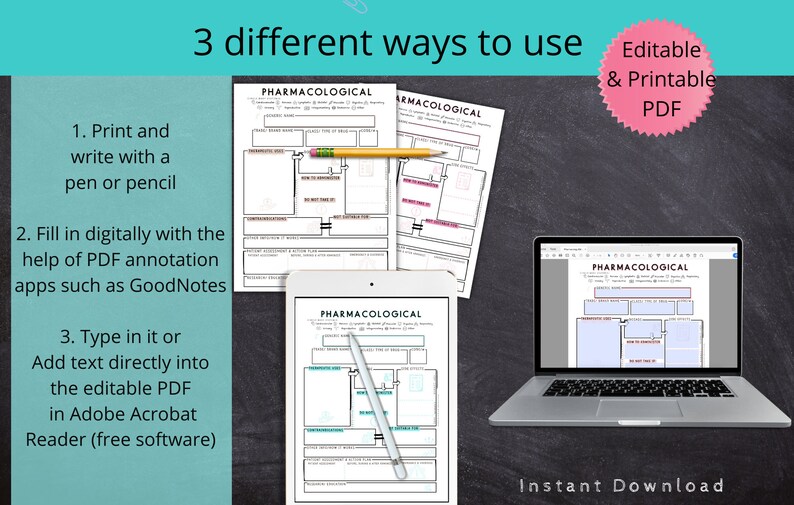 May include: An image showcasing a pharmacological study template in three different formats. The text reads "3 different ways to use" and "Editable & Printable PDF". The template is displayed on paper, a tablet, and a laptop, with a pencil and stylus.