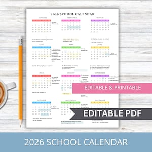 2026 Editable School Calendar Template for Preschool, Daycare, Childcare, Day Care & Sports Teams  Printable Year at a Glance Template