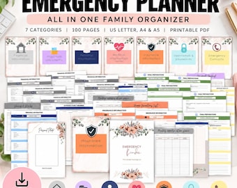May include: A printable emergency planner set featuring 100 pages across 7 categories including financial, medical, and insurance information. The document includes US letter, A4, and A5 formats with floral accents, organized sections, and a digital download icon.