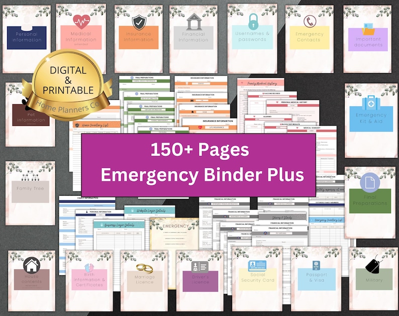 May include: A digital and printable emergency binder with over 150 pages. The binder includes sections for personal, medical, and financial information, as well as emergency contacts and important documents. The cover features a gold seal and floral accents.