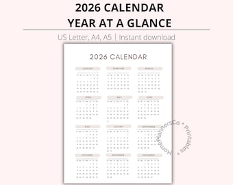 May include: A printable 2026 calendar with a year-at-a-glance layout. The calendar is displayed on a white background with a light pink border. The text "2026 CALENDAR YEAR AT A GLANCE" is at the top. The calendar is available in US Letter, A4, and A5 sizes.