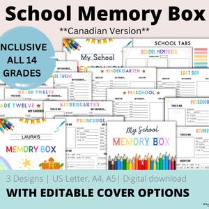 May include: A set of school memory box templates, featuring the text "School Memory Box" and "Inclusive All 14 Grades". The design incorporates colorful pencils, stars, and rainbow graphics. The text "With Editable Cover Options" is also visible.