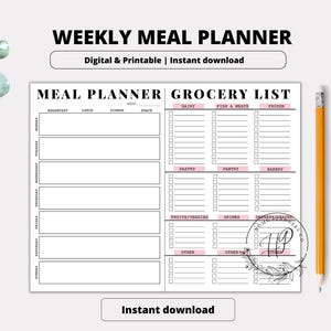 Printable Weekly Meal Planner & Grocery List | 7 Day Menu Plan, Grocery List, Meal Tracker, Weekly Food Diary Food Journal Diet Food Planner