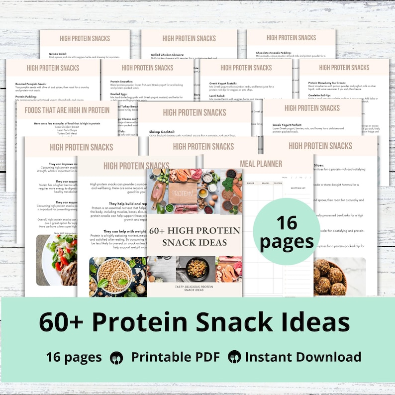 May include: A printable PDF guide with 60+ high protein snack ideas. The cover features a collage of various high protein snacks, including nuts, seeds, yogurt, and meat. The title "60+ High Protein Snack Ideas" is displayed in a bold, white font on a green background. The guide is 16 pages long and includes a meal planner.