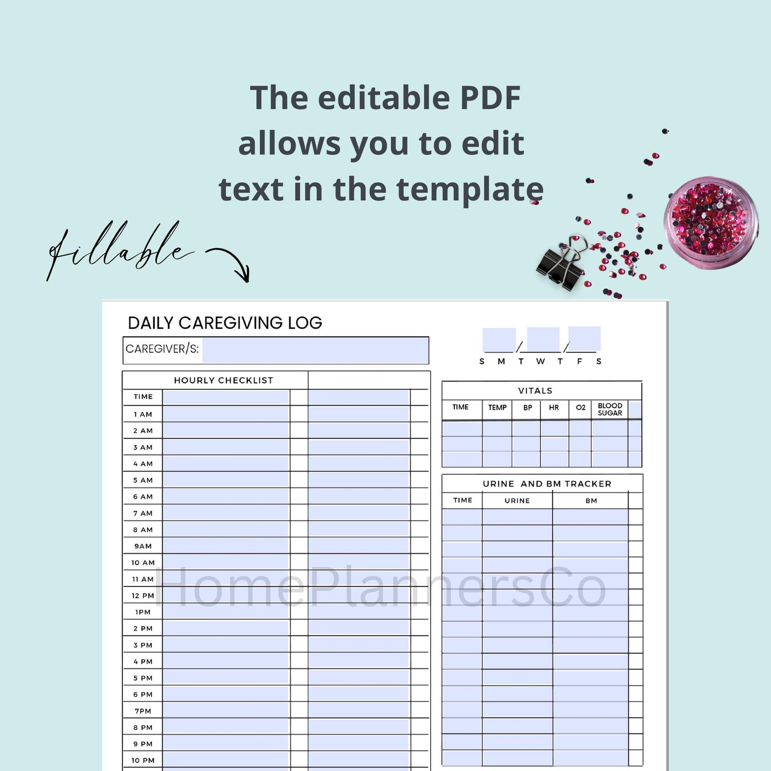EDITABLE 24 Hour Home Health Caregiver Log Sheet - Printable Daily Care ...