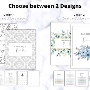 Op de afbeelding: Twee ontwerpen voor noodmappen worden getoond, elk met een omslag en verdelers. Ontwerp 1 heeft grijze omslagen en verdelers, terwijl Ontwerp 2 omslagen en verdelers in kleur biedt. De mappen zijn voorzien van het label "EMERGENCY Binder".