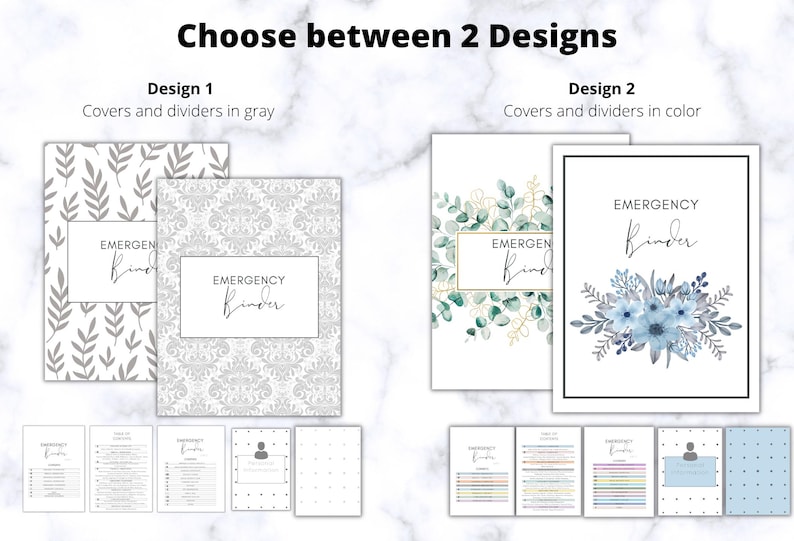 Op de afbeelding: Twee ontwerpen voor noodmappen worden getoond, elk met een omslag en verdelers. Ontwerp 1 heeft grijze omslagen en verdelers, terwijl Ontwerp 2 omslagen en verdelers in kleur biedt. De mappen zijn voorzien van het label "EMERGENCY Binder".