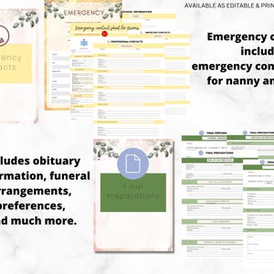 May include: A collection of printable document templates featuring an Emergency Contacts sheet with a phone icon and a Final Preparations sheet with a document icon. The pages include organized fields for professional contacts, school information, funeral arrangements, and obituary details.