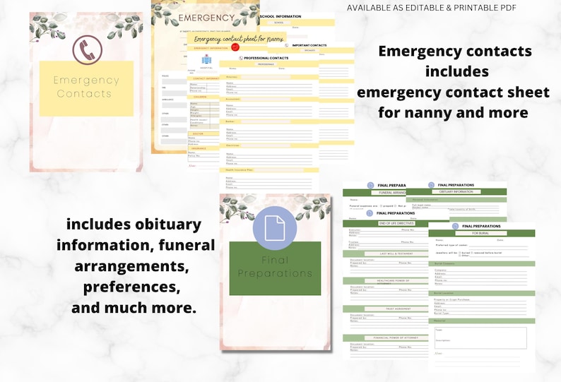 May include: A collection of printable document templates featuring an Emergency Contacts sheet with a phone icon and a Final Preparations sheet with a document icon. The pages include organized fields for professional contacts, school information, funeral arrangements, and obituary details.