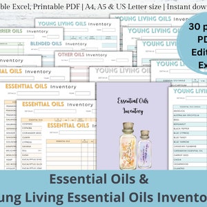Op de afbeelding: Een printbaar inventarisblad voor essentiële oliën, met name Young Living essentiële oliën. Het blad is verdeeld in kolommen voor olienaam, formaat, aankoopdatum en meer. Het blad is beschikbaar in PDF- en Excel-formaten. De afbeelding toont ook een aquarel-illustratie van twee flessen essentiële oliën.