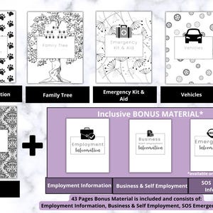 May include: A collection of printable PDF documents with various themes. Includes "Pet Information", "Family Tree", "Emergency Kit & Aid", and "Vehicles". Bonus material includes "Employment Information", "Business & Self Employment", and "SOS Emergency Information".