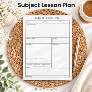 May include: A white paper subject lesson plan template with black text and lines. The form includes sections for class, standards, date, topic, lesson objectives, outline, materials, reminders, strategies, instruction, differentiation, assessment, notes, and references.