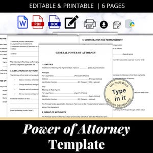 EDITABLE Power of Attorney Template, Power of Attorney Form. POA Form. POA Document, Agreement. Legal Template,  Instant download