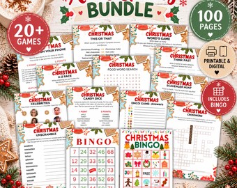 Op de afbeelding: Een kerstspellenbundel met 100 pagina's aan printbare en digitale activiteiten, waaronder bingo, woordzoekers, kruiswoordpuzzels en trivia. De collectie bevat meer dan 20 spellen met peperkoek- en hulstafbeeldingen op wit papier.