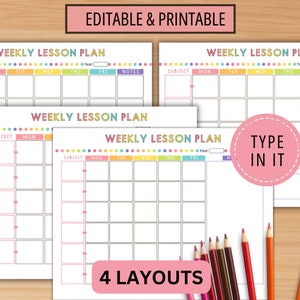 Weekly Lesson Plan Editable Fillable Lesson Plan Template - Kindergarten, Daycare, Preschool, PreK, School, High School, Lesson Template