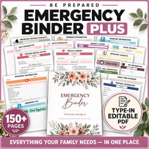 Könnte beinhalten: Ein Notfallordner mit weißem Einband, Blumenmotiven und dem Text Emergency Binder. Enthält über 150 Seiten mit ausfüllbaren PDF-Formularen für persönliche Daten, medizinische Informationen, Versicherungsunterlagen und Familienunterlagen.