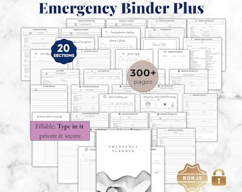 Pode incluir: Um fichário de emergência com o texto "Just in Case Emergency Binder Plus". O fichário inclui 20 seções e mais de 300 páginas. A capa do fichário diz "Emergency Planner". O fichário é preenchível, editável e imprimível.