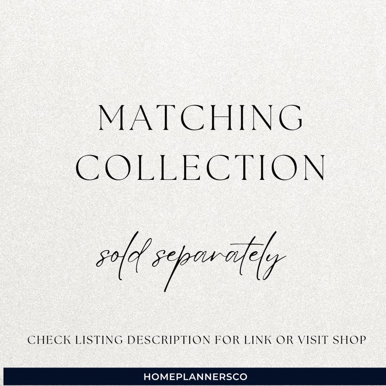 May include: A cream-colored background with the words "MATCHING COLLECTION" in a serif font. Below, the text "sold separately" is in a cursive font. At the bottom, it says "CHECK LISTING DESCRIPTION FOR LINK OR VISIT SHOP".