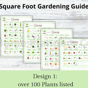 Puede incluir: Una gu&iacute;a de jardiner&iacute;a de un pie cuadrado imprimible con m&aacute;s de 100 plantas listadas. La gu&iacute;a est&aacute; dividida en cuatro secciones, cada una con un fondo verde y un icono de planta. La gu&iacute;a incluye los nombres de las plantas, los requisitos de espaciado y otra informaci&oacute;n &uacute;til.