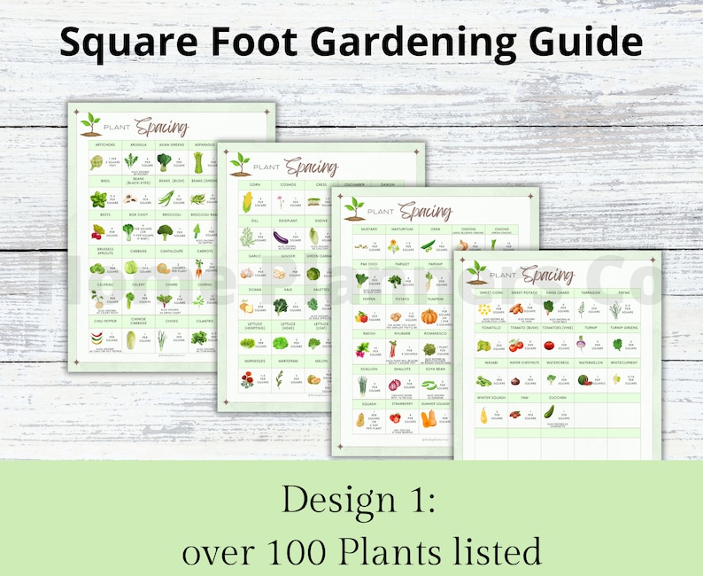 Puede incluir: Una gu&iacute;a de jardiner&iacute;a de un pie cuadrado imprimible con m&aacute;s de 100 plantas listadas. La gu&iacute;a est&aacute; dividida en cuatro secciones, cada una con un fondo verde y un icono de planta. La gu&iacute;a incluye los nombres de las plantas, los requisitos de espaciado y otra informaci&oacute;n &uacute;til.