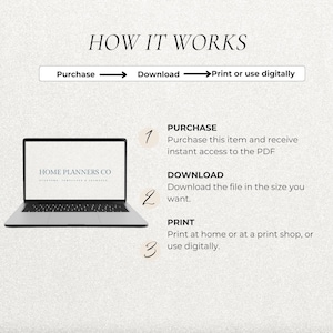 May include: A digital instruction graphic titled HOW IT WORKS showing a laptop displaying HOME PLANNERS CO. The steps are: 1. Purchase the item for instant PDF access, 2. Download the file in your preferred size, 3. Print at home or use digitally.
