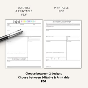 May include: Two white lesson plan templates with black lines and text. The left template features the title Subject LESSON PLAN in colorful letters, while the right has black text. Both include sections for class, standards, date, objectives, outline, materials, and assessment.