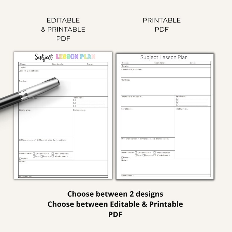 May include: Two white lesson plan templates with black lines and text. The left template features the title Subject LESSON PLAN in colorful letters, while the right has black text. Both include sections for class, standards, date, objectives, outline, materials, and assessment.