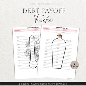 Puede incluir: Dos hojas de seguimiento de pago de deudas con el texto DEBT PAYOFF Tracker. Una hoja presenta un gr&aacute;fico de term&oacute;metro con flores, la otra muestra un gr&aacute;fico de botella. Ambas incluyen marcadores de 0% a 100%.