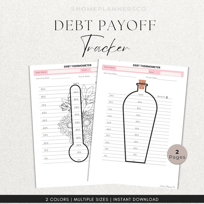 Puede incluir: Dos hojas de seguimiento de pago de deudas con el texto DEBT PAYOFF Tracker. Una hoja presenta un gr&aacute;fico de term&oacute;metro con flores, la otra muestra un gr&aacute;fico de botella. Ambas incluyen marcadores de 0% a 100%.