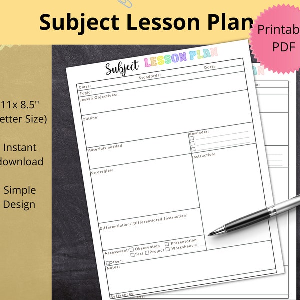 Teacher Lesson Plan Template,Subject Lesson Plan for teachers,Daily Lesson Planner,Detailed Lesson Plan Teacher Class Planning Printable PDF