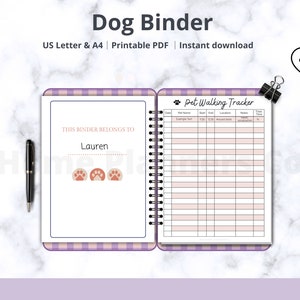 May include: A printable dog walking tracker binder with a pink and purple checkered cover. The cover has the text "This binder belongs to" and a space for a name. The inside of the binder has a page with a pet walking tracker with columns for date, pet name, start time, end time, location, notes, total time, and notes.