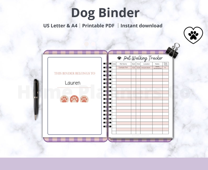 May include: A printable dog walking tracker binder with a pink and purple checkered cover. The cover has the text "This binder belongs to" and a space for a name. The inside of the binder has a page with a pet walking tracker with columns for date, pet name, start time, end time, location, notes, total time, and notes.